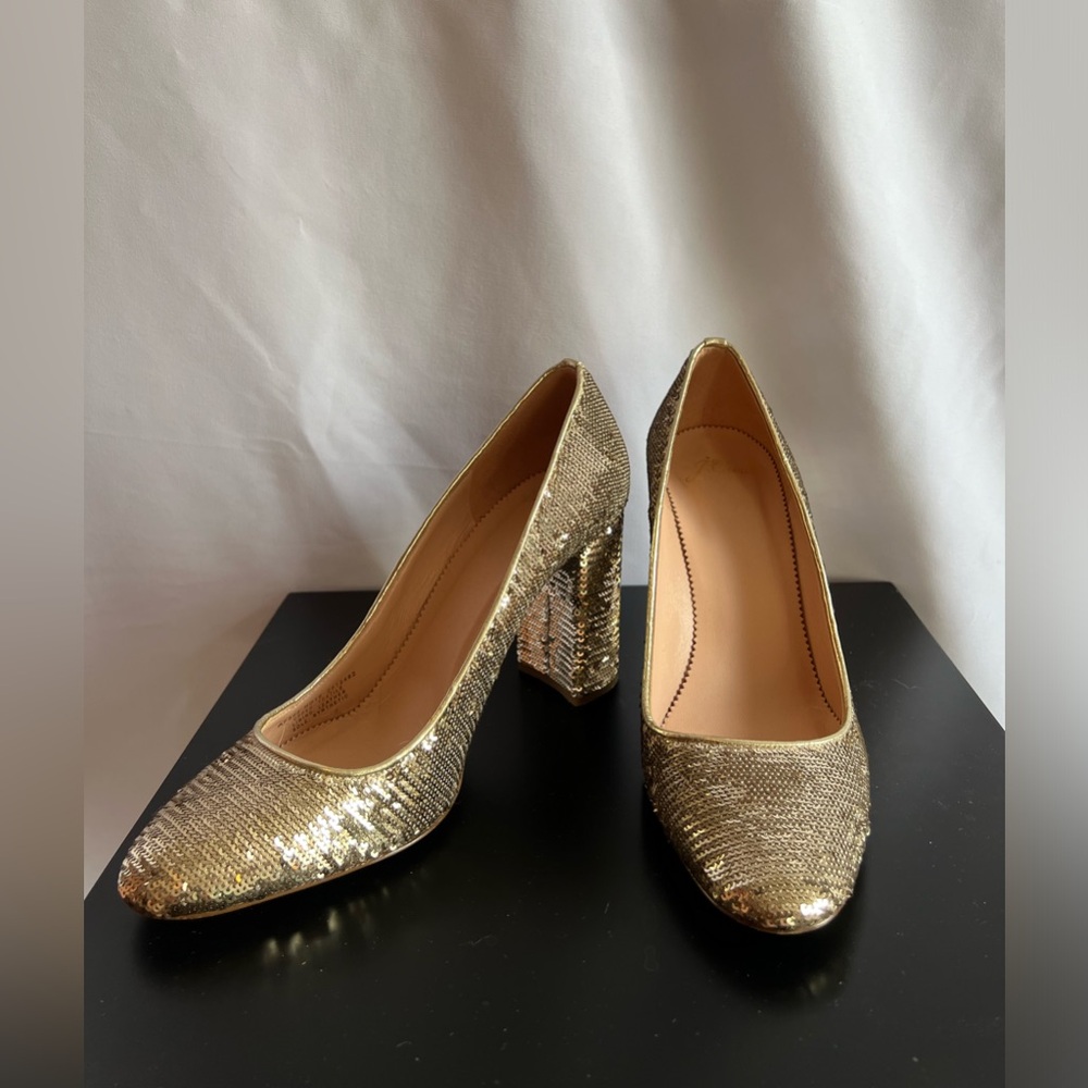 J.Crew Bell Pumps Gold Sequin Block Heels